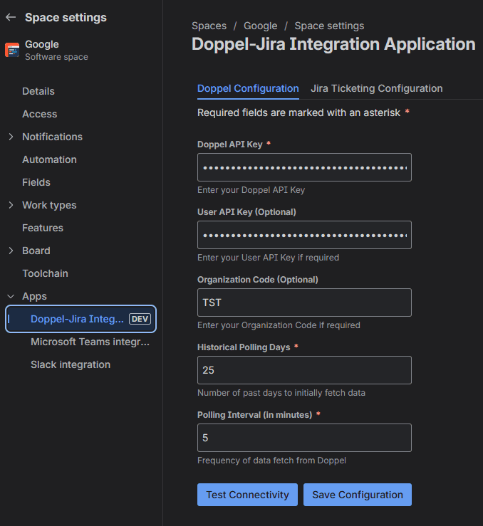 Doppel Jira Configuration tab